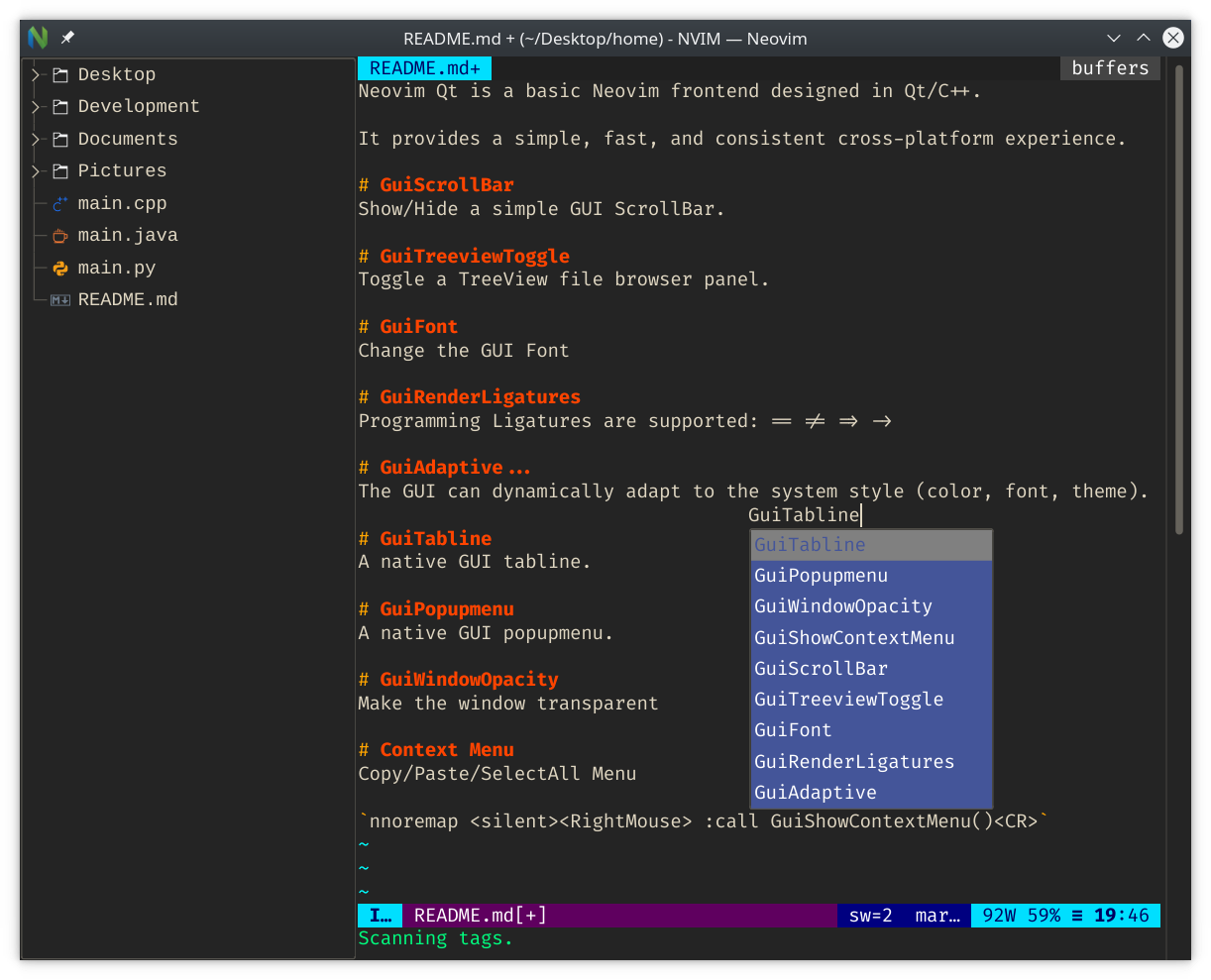 Treeview and an externalized popup menu in Neovim-qt